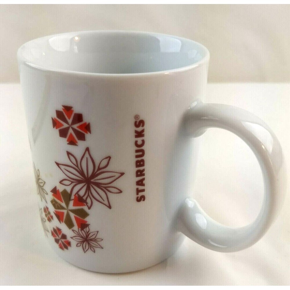 STARBUCKS Christmas Coffee Cup Mug White Red Snowflake Poinsettia Flowers